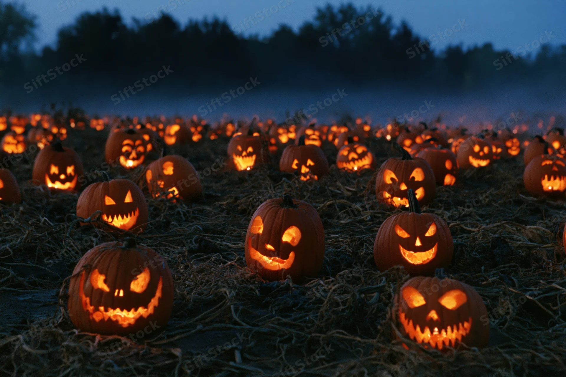 Dozens of carved jack-o-lanterns glowing orange across a field at dusk