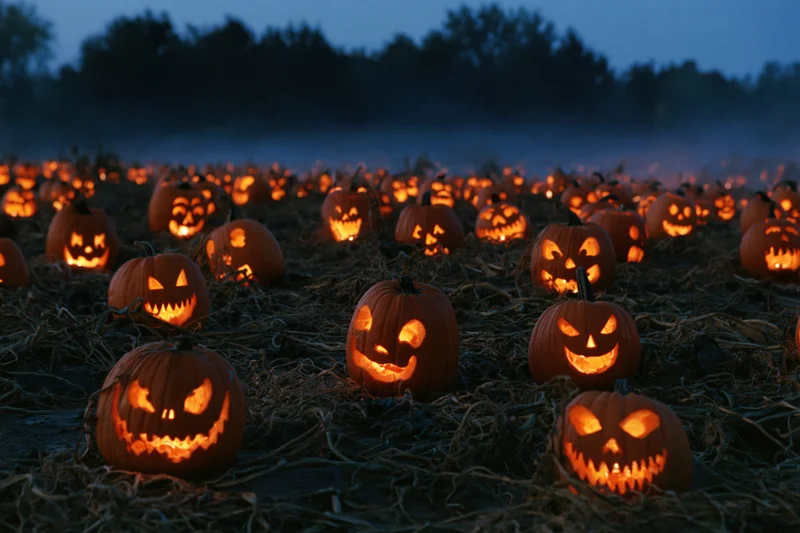 Dozens of carved jack-o-lanterns glowing orange across a field at dusk