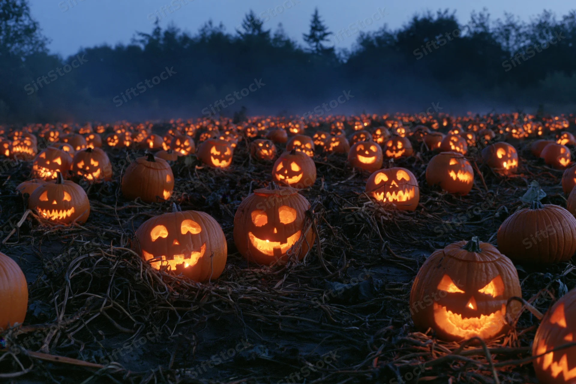 Dozens of carved jack-o-lanterns glowing in a field at dusk