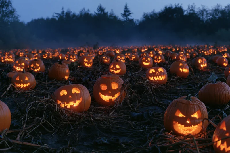 Dozens of carved jack-o-lanterns glowing in a field at dusk