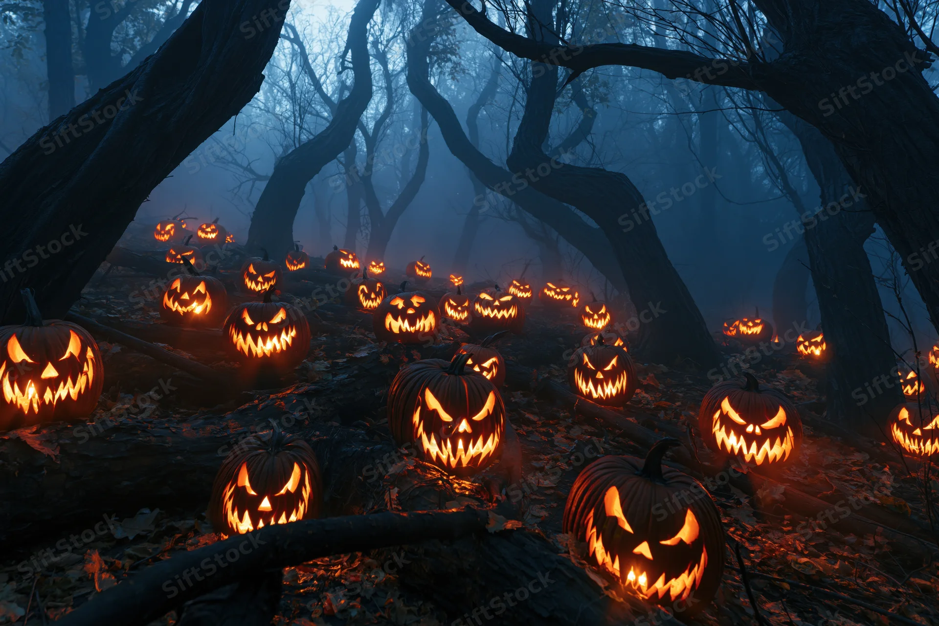 Dozens of carved jack-o-lanterns glowing in a dark misty forest path at night