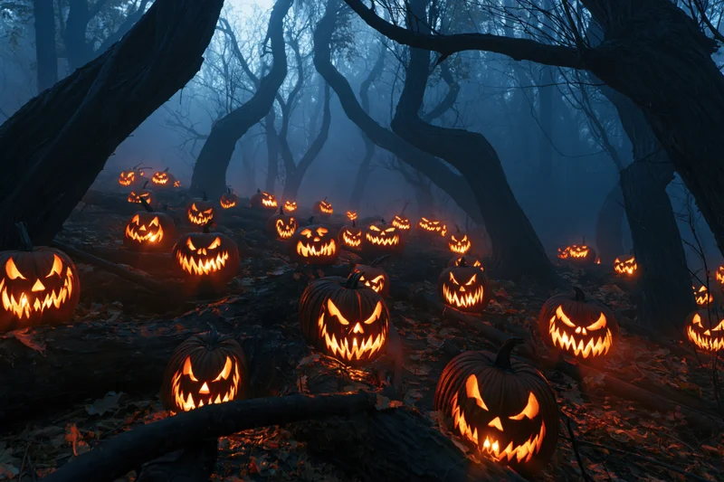 Dozens of carved jack-o-lanterns glowing in a dark misty forest path at night