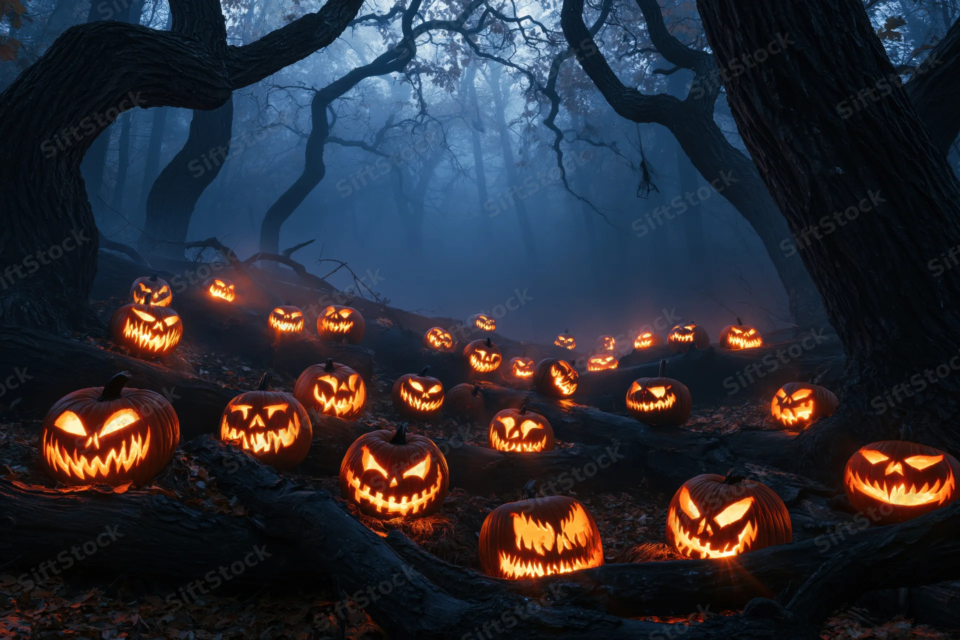 Dozens of carved jack-o-lanterns glowing in a dark misty forest at night