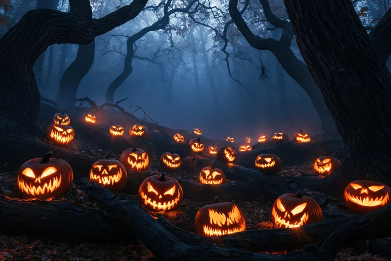 Dozens of carved jack-o-lanterns glowing in a dark misty forest at night