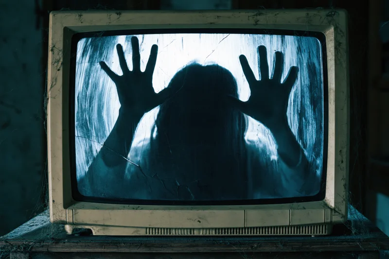 Silhouette of a ghostly figure with hands pressed against the screen of a dusty vintage crt television on a wooden table