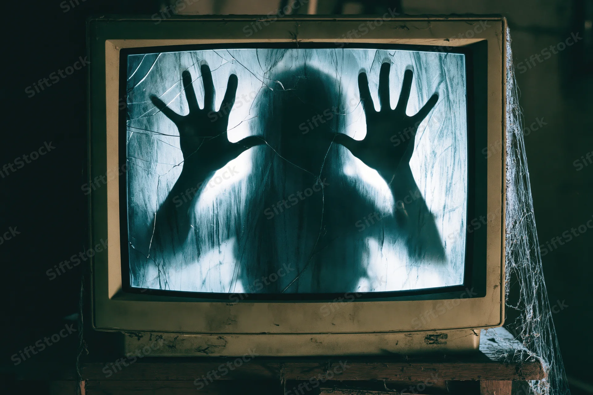 Ghostly silhouette with outstretched hands behind cracked screen of dusty vintage crt television on wooden surface