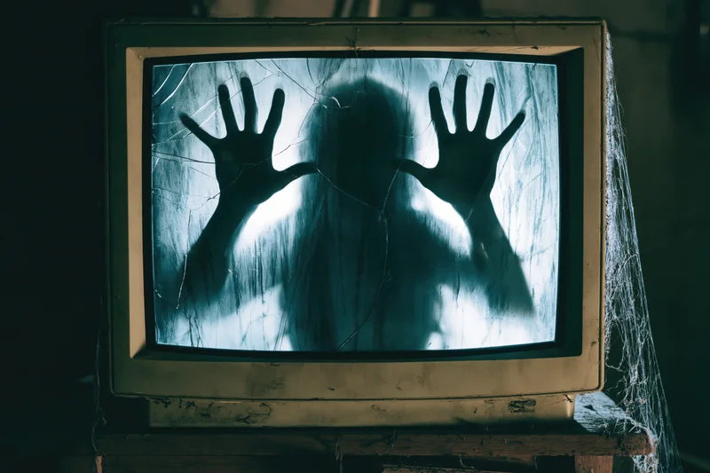 Ghostly silhouette with outstretched hands behind cracked screen of dusty vintage crt television on wooden surface