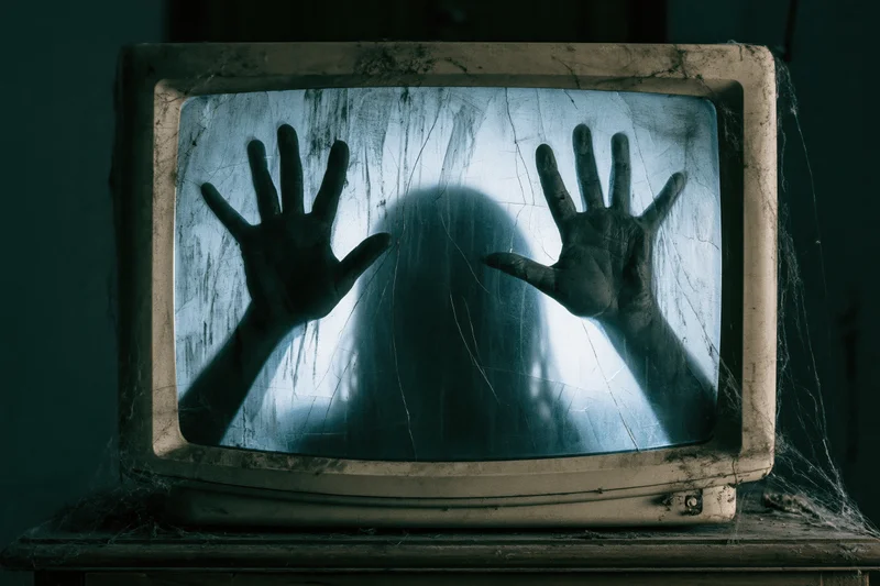 Shadowy hands pressed against the screen of a dusty vintage crt television on a wooden cabinet