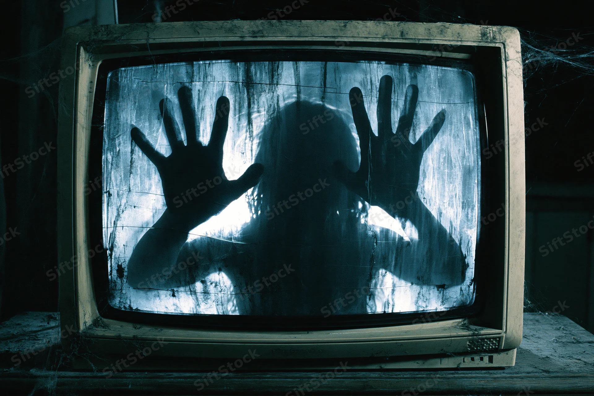 Shadowy figure with hands pressed against dusty vintage crt television screen in dark room