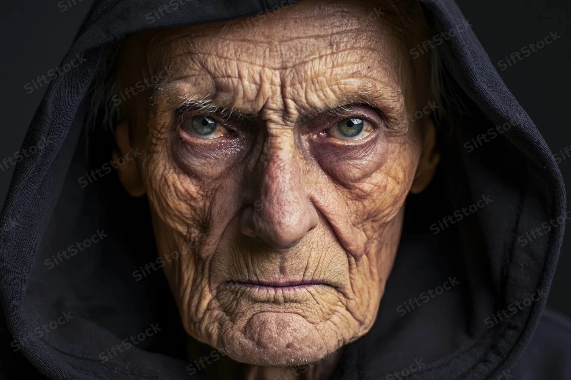 Elderly man with deeply lined face staring directly into camera, hooded in dark fabric
