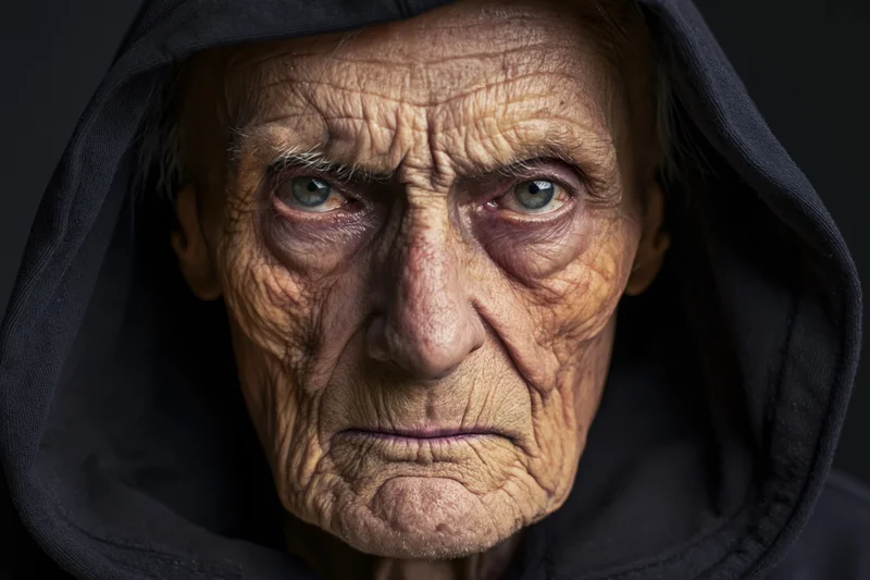 Elderly man with deeply lined face staring directly into camera, hooded in dark fabric