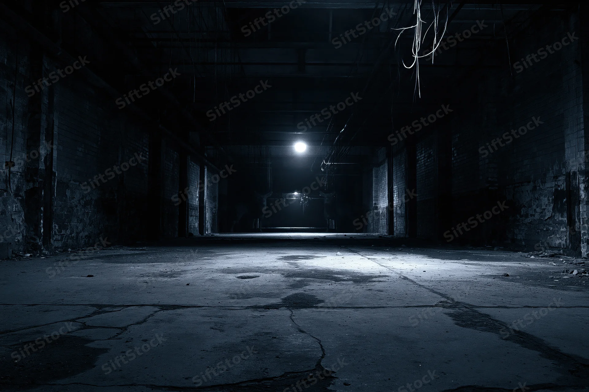 Empty abandoned industrial warehouse interior with single overhead light illuminating cracked concrete floor and brick walls