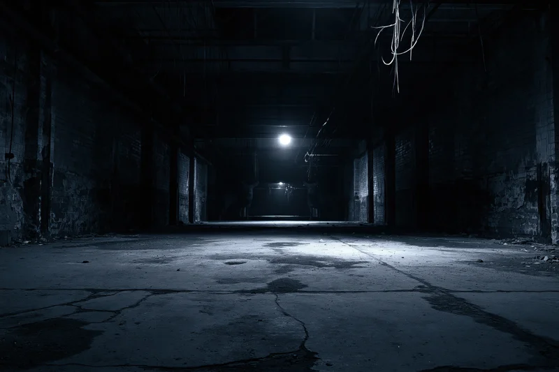 Empty abandoned industrial warehouse interior with single overhead light illuminating cracked concrete floor and brick walls