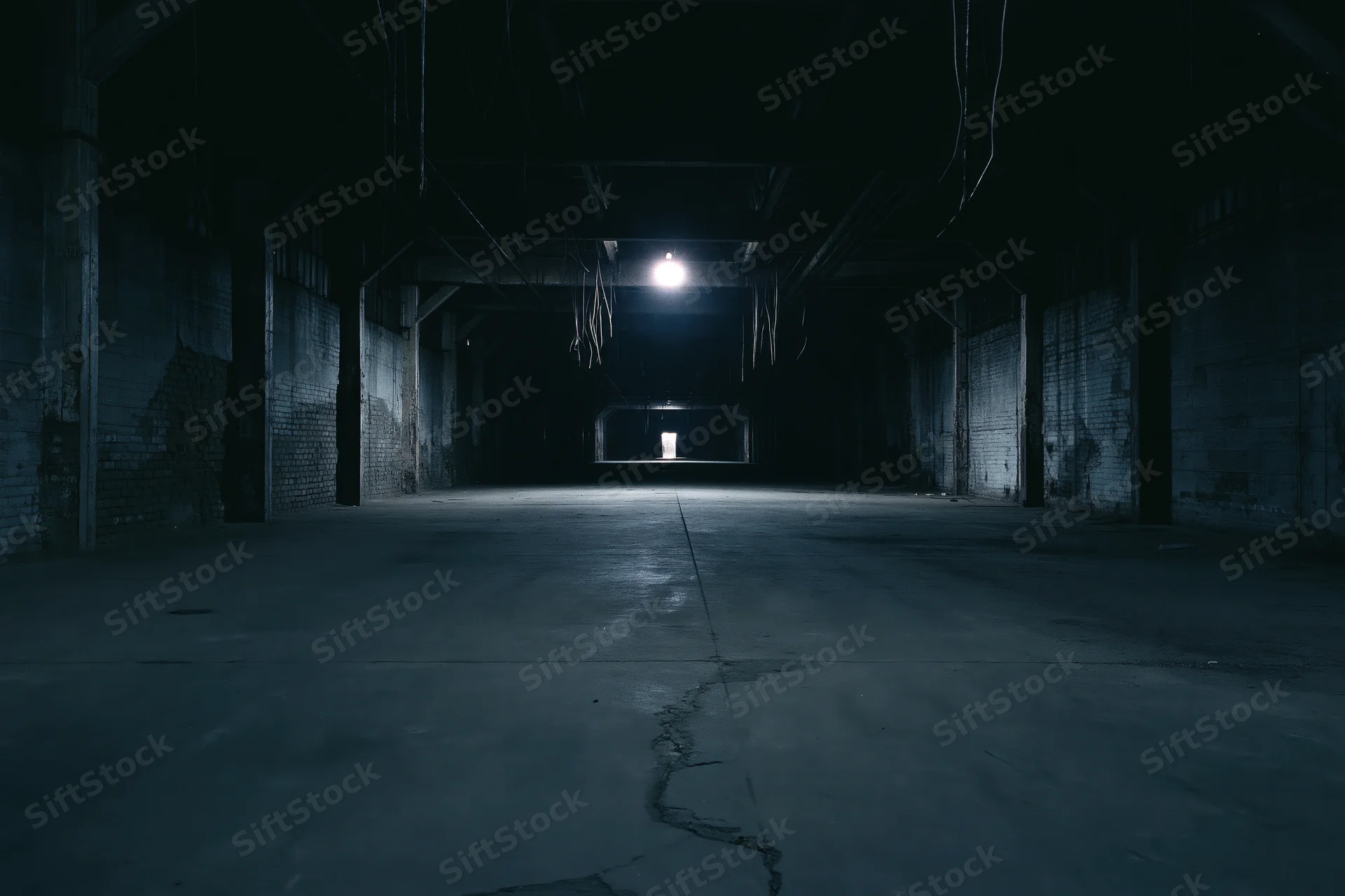 Empty abandoned industrial warehouse interior with single overhead light casting long shadows on cracked concrete floor