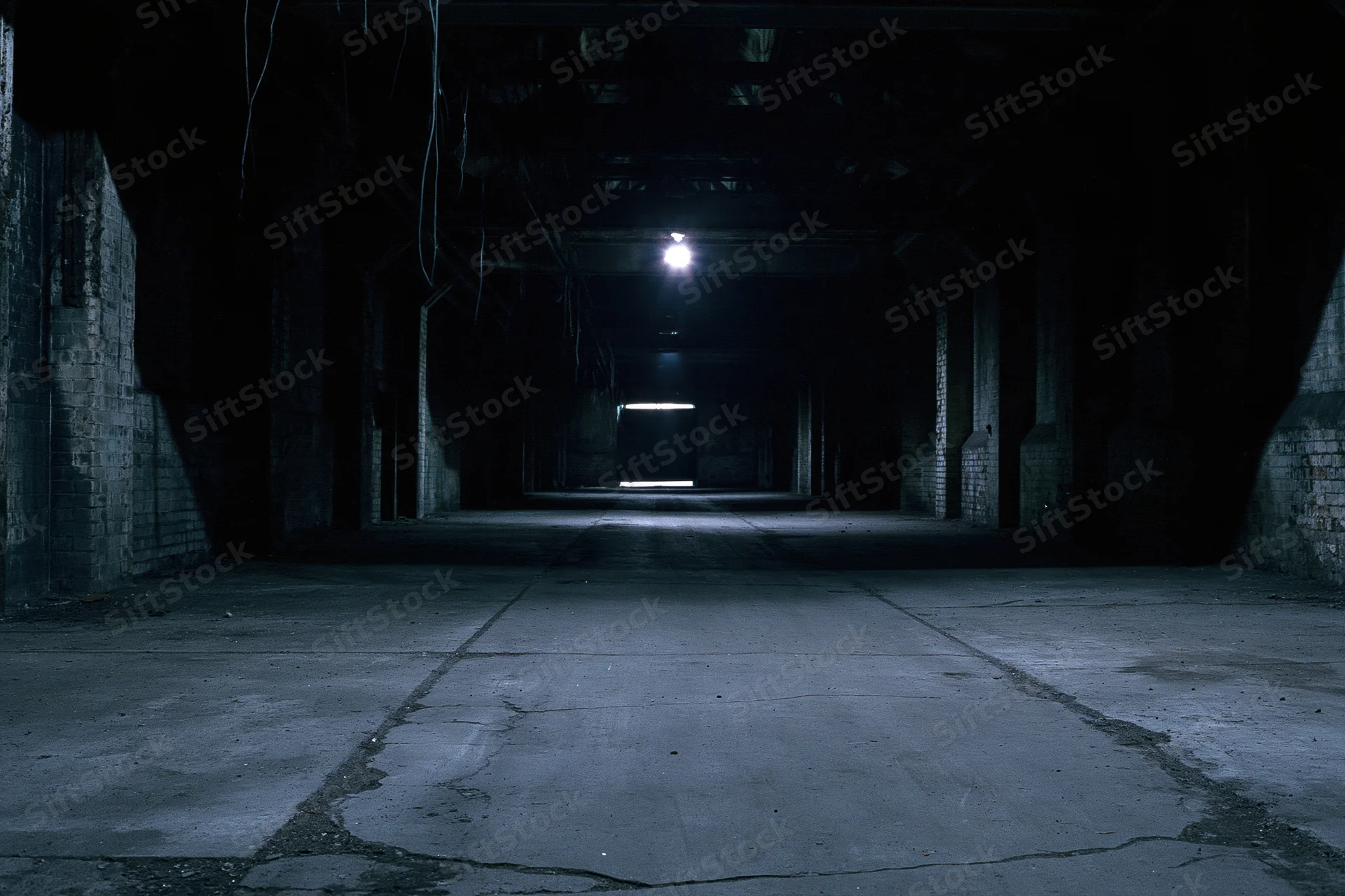 Empty abandoned industrial warehouse interior with cracked concrete floor and dim overhead lighting