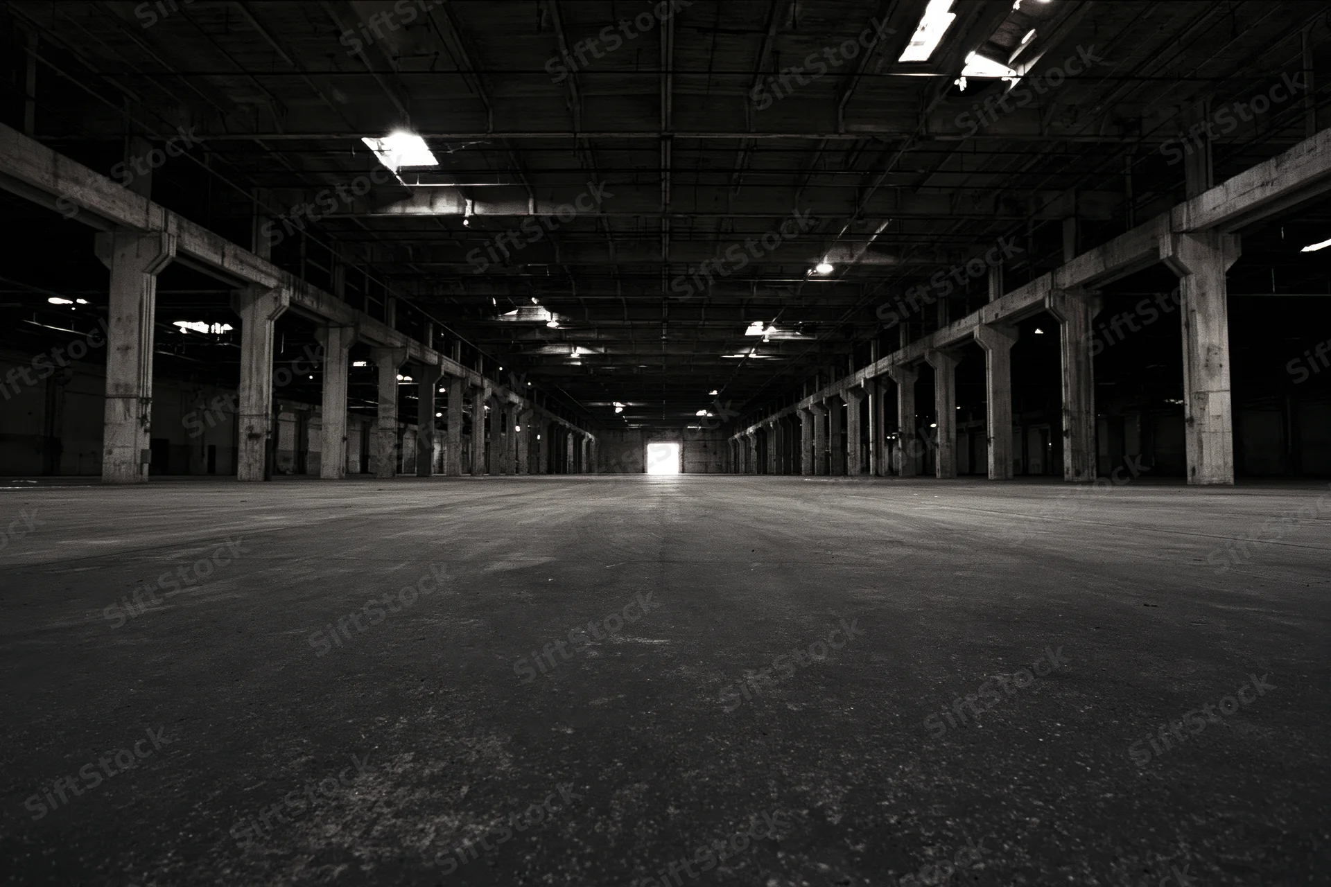 Empty abandoned industrial warehouse interior with vast open concrete floor and rows of concrete pillars under dim overhead lighting