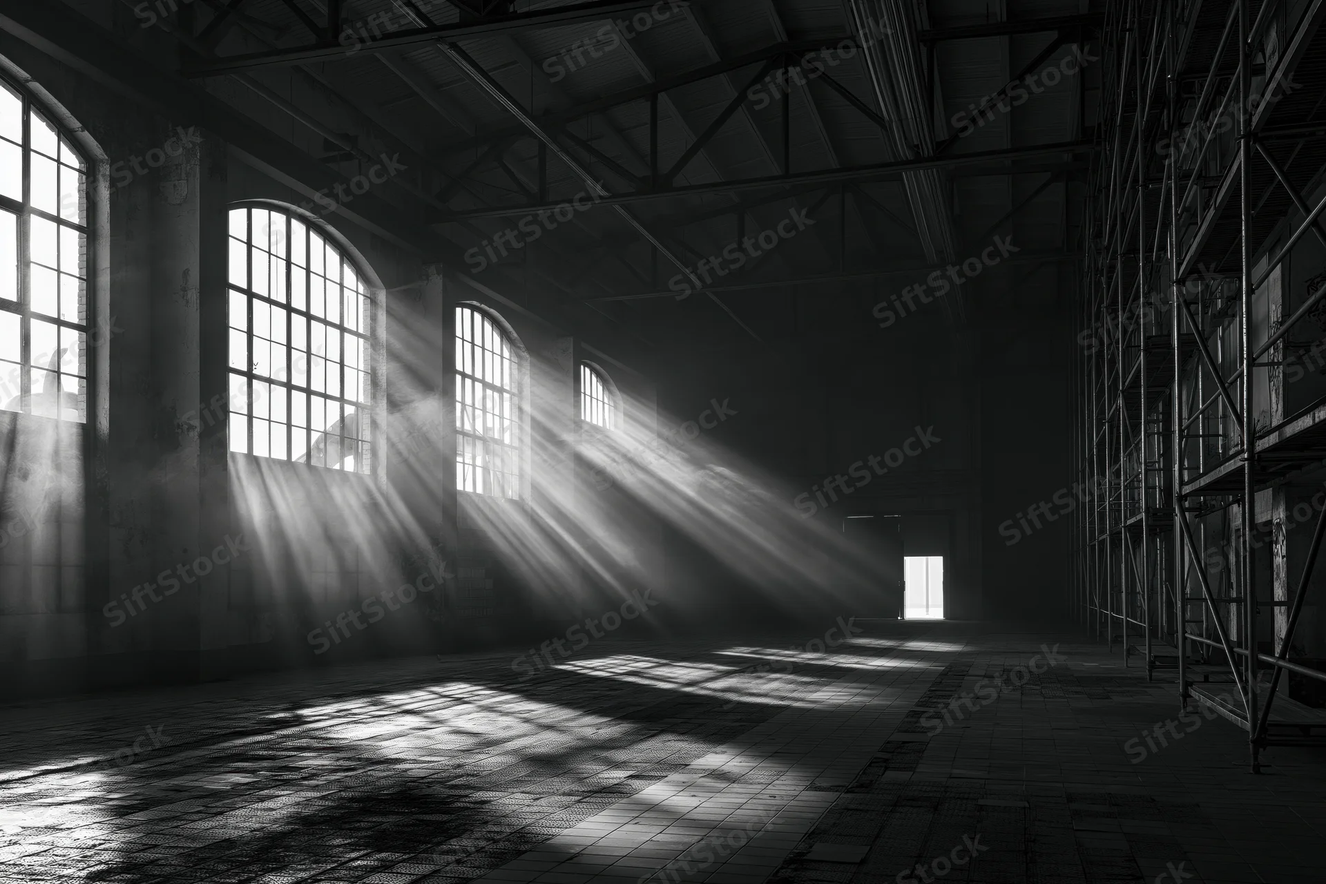 Empty abandoned industrial warehouse interior with sunlight streaming through arched windows onto tiled floor