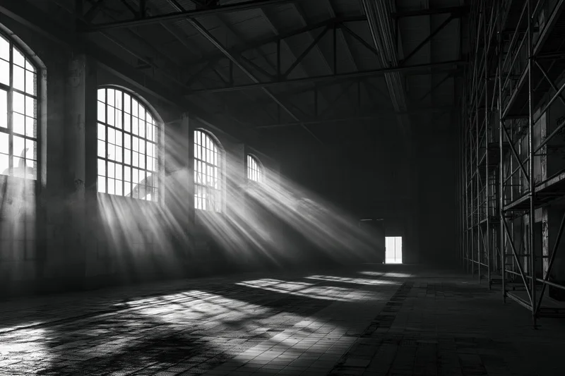 Empty abandoned industrial warehouse interior with sunlight streaming through arched windows onto tiled floor