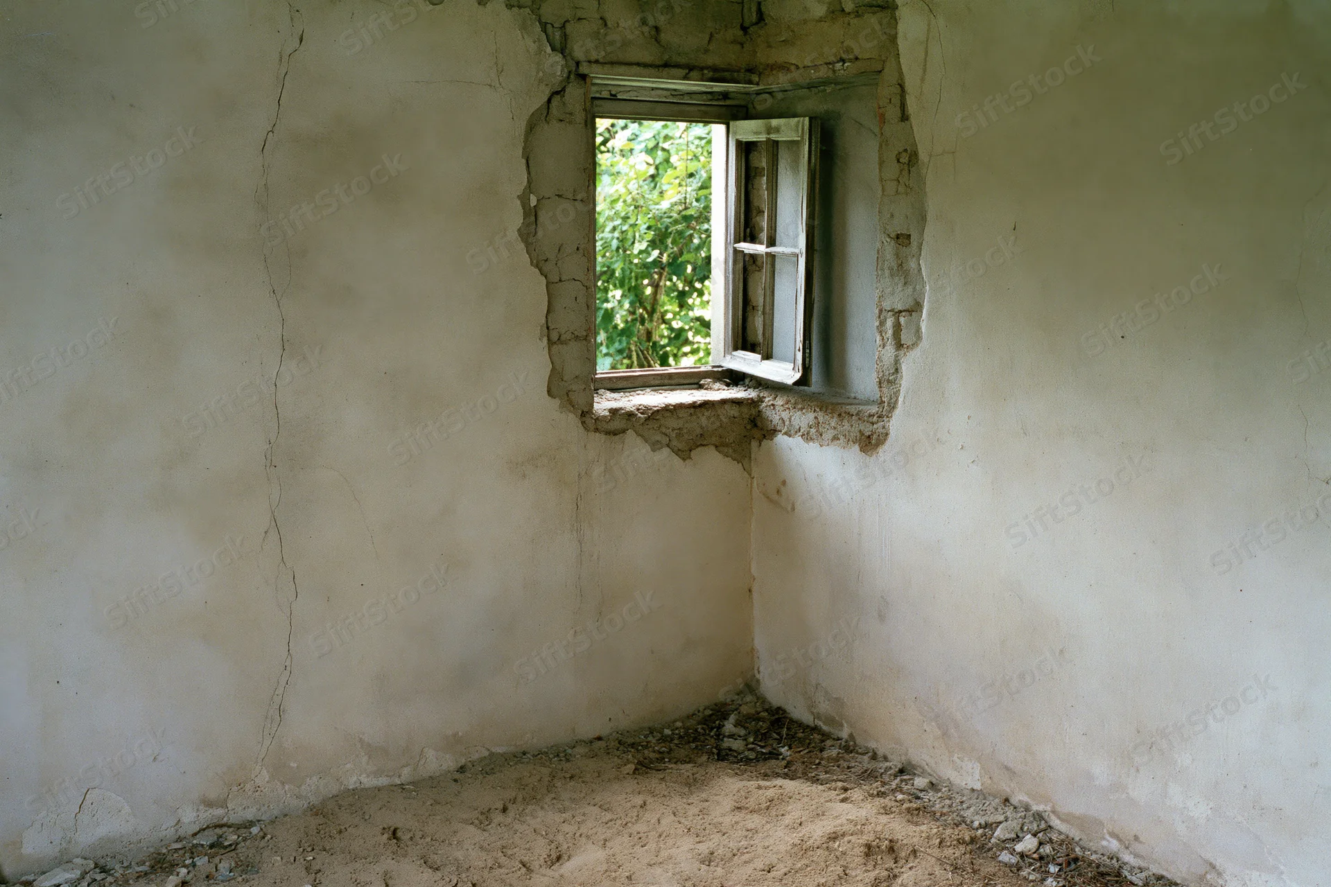Corner of an empty abandoned room with cracked plaster walls and a broken window opening to green foliage