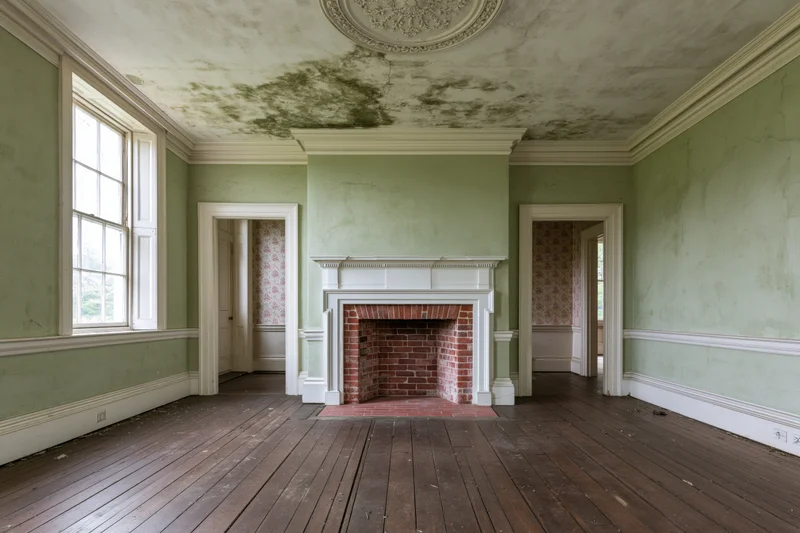 Empty abandoned room with fireplace and moldy ceiling in historic house interior