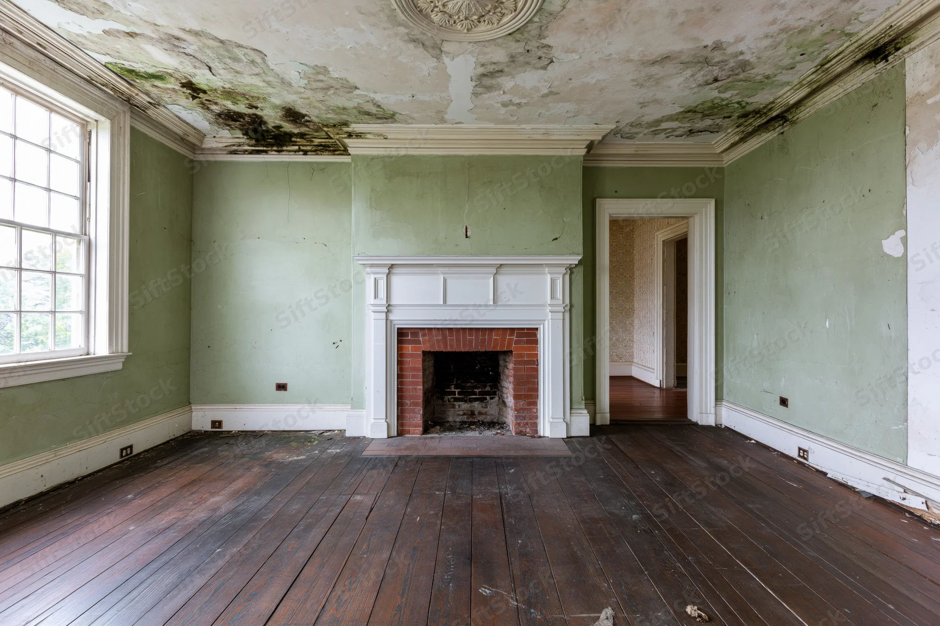 Empty abandoned room with fireplace and peeling green walls in historic house