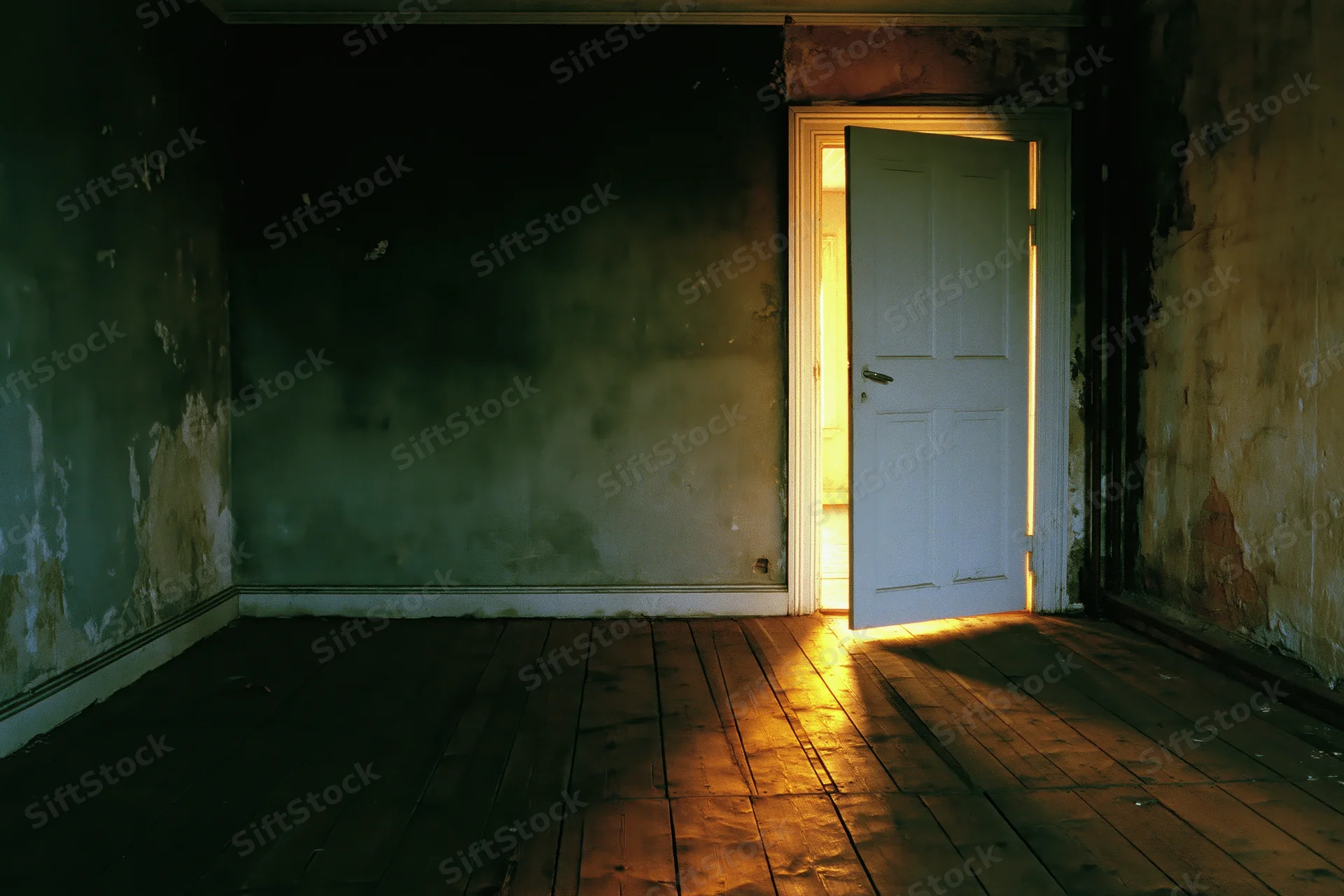 Ajar white door in an abandoned room letting in warm golden light onto a wooden floor