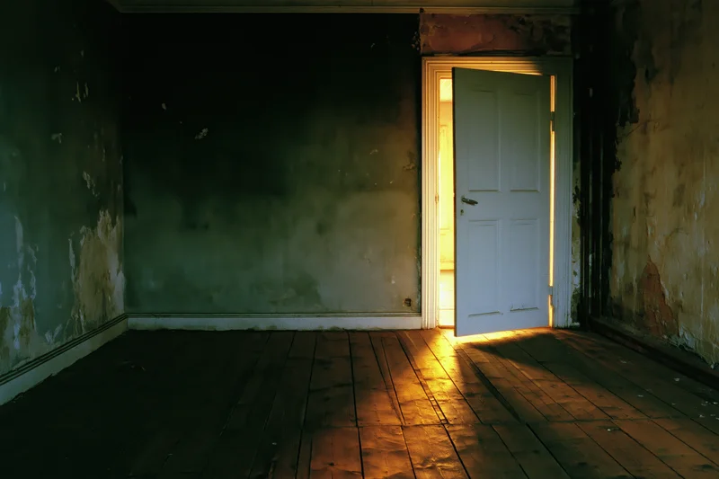 Ajar white door in an abandoned room letting in warm golden light onto a wooden floor