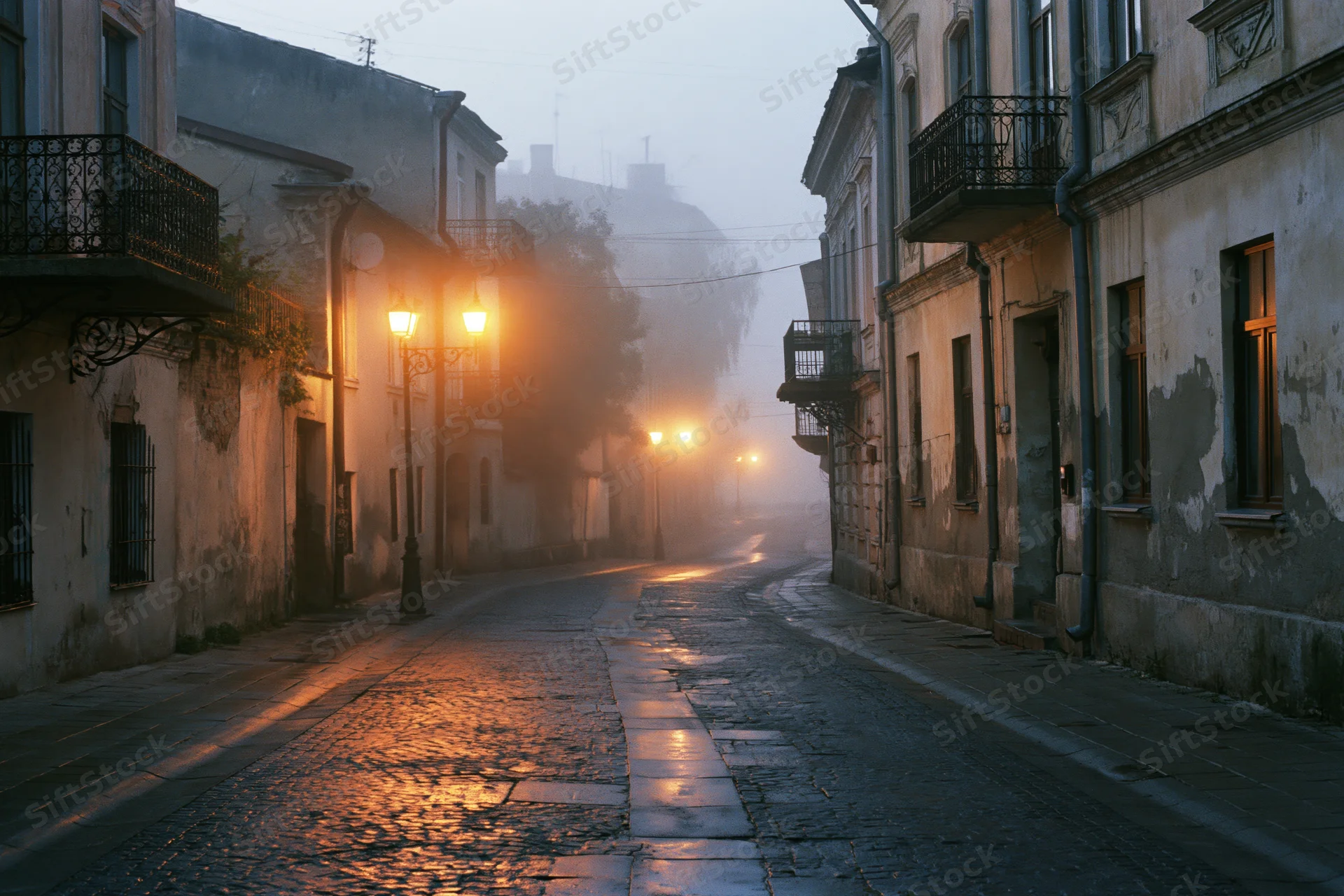 Empty cobblestone street in an old eastern european town at dawn with fog and glowing street lamps