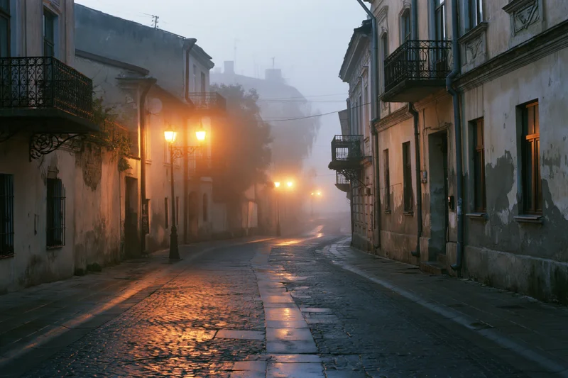 Empty cobblestone street in an old eastern european town at dawn with fog and glowing street lamps
