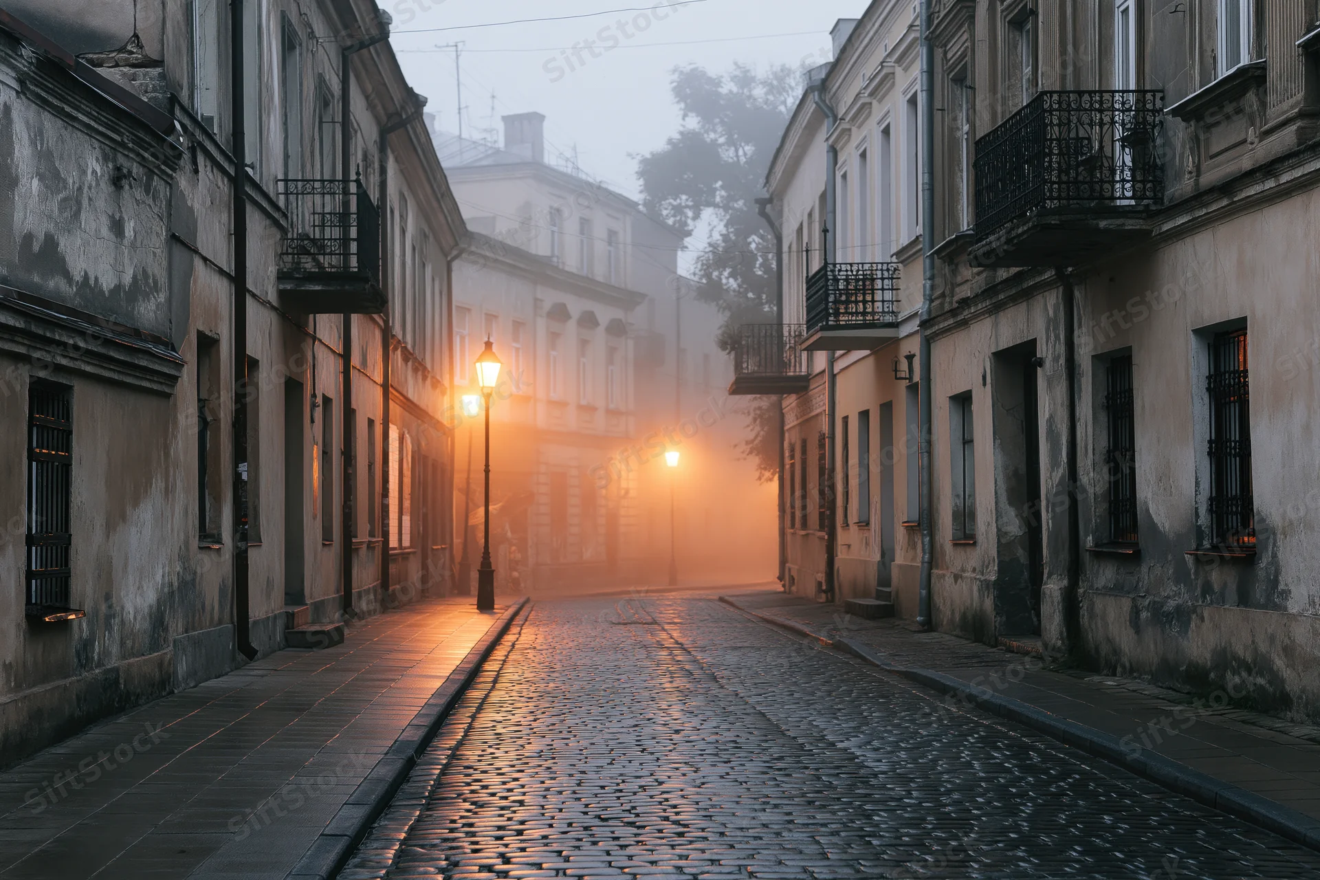 Empty cobblestone street in an old eastern european town at dawn with fog and warm lamplight reflections on wet pavement