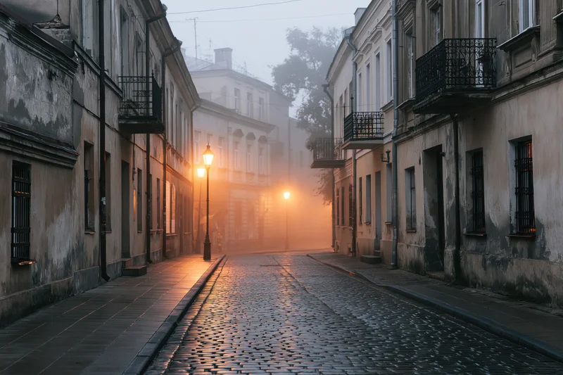Empty cobblestone street in an old eastern european town at dawn with fog and warm lamplight reflections on wet pavement