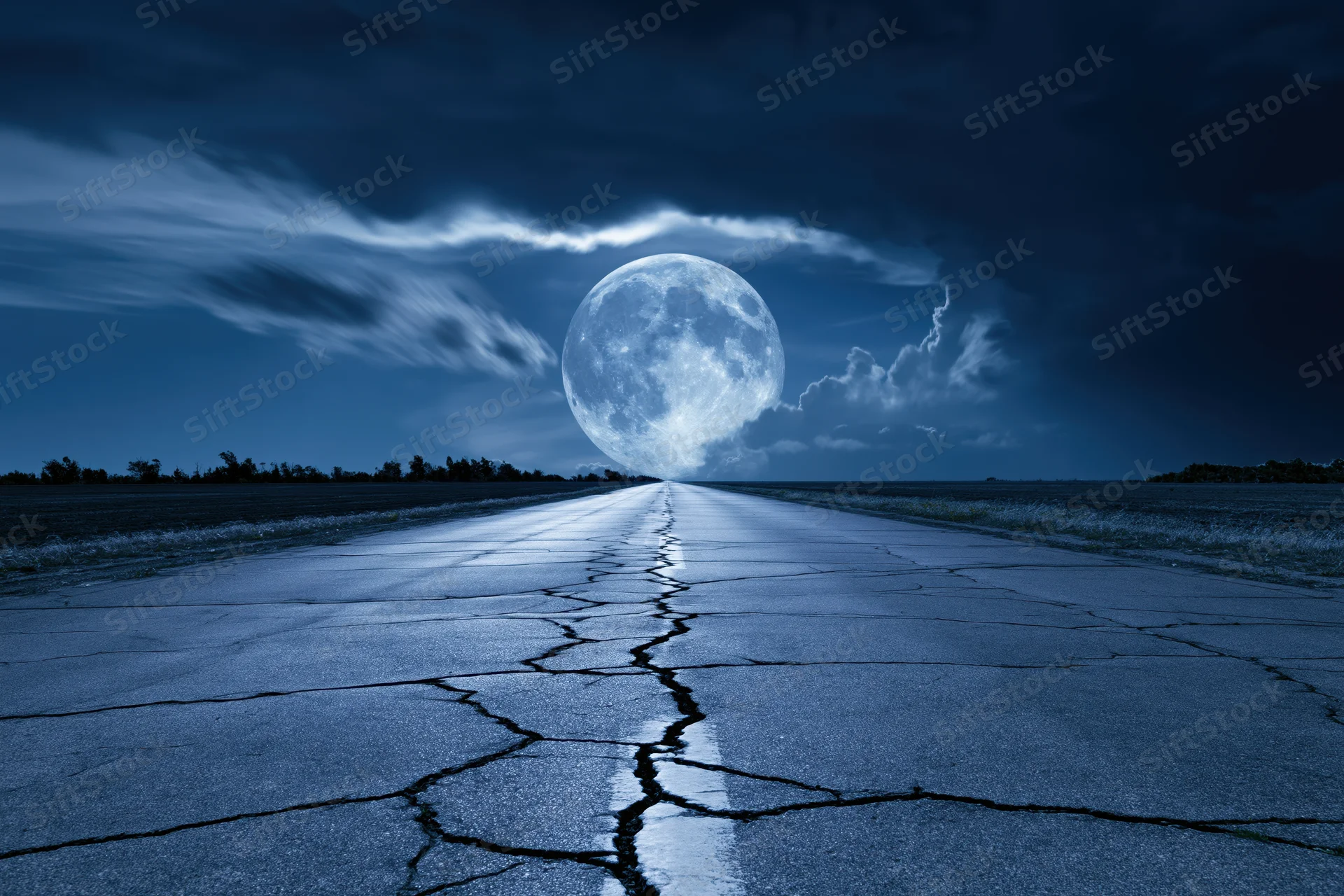Cracked asphalt road stretching to horizon under full moon at night