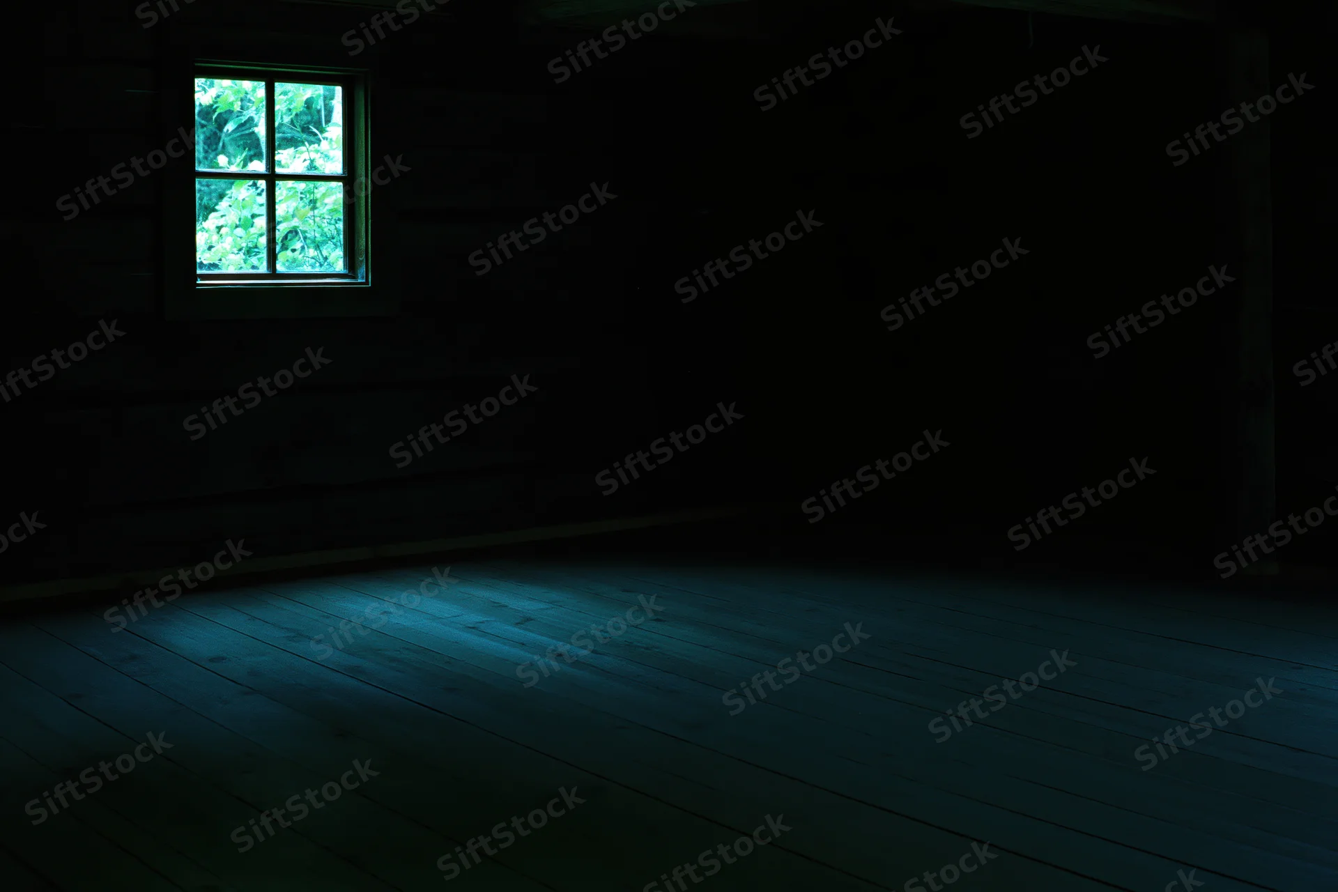 Dark empty wooden room with small four-pane window showing green foliage outside