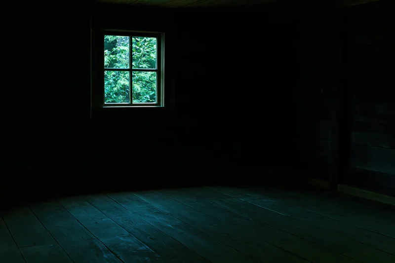 Dark wooden room with small four-pane window showing green forest view