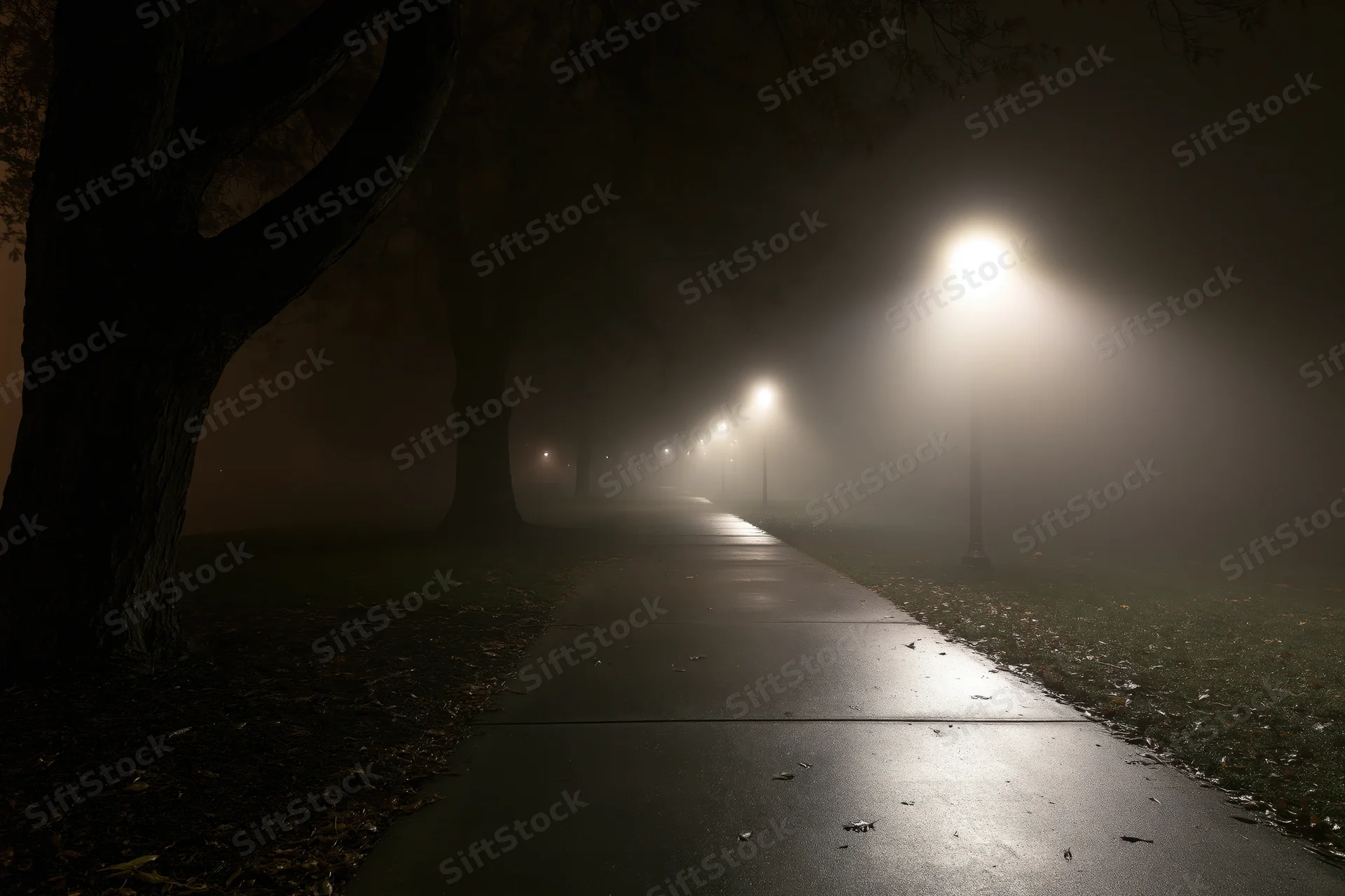 Foggy park path at night illuminated by streetlights lined with trees and scattered leaves