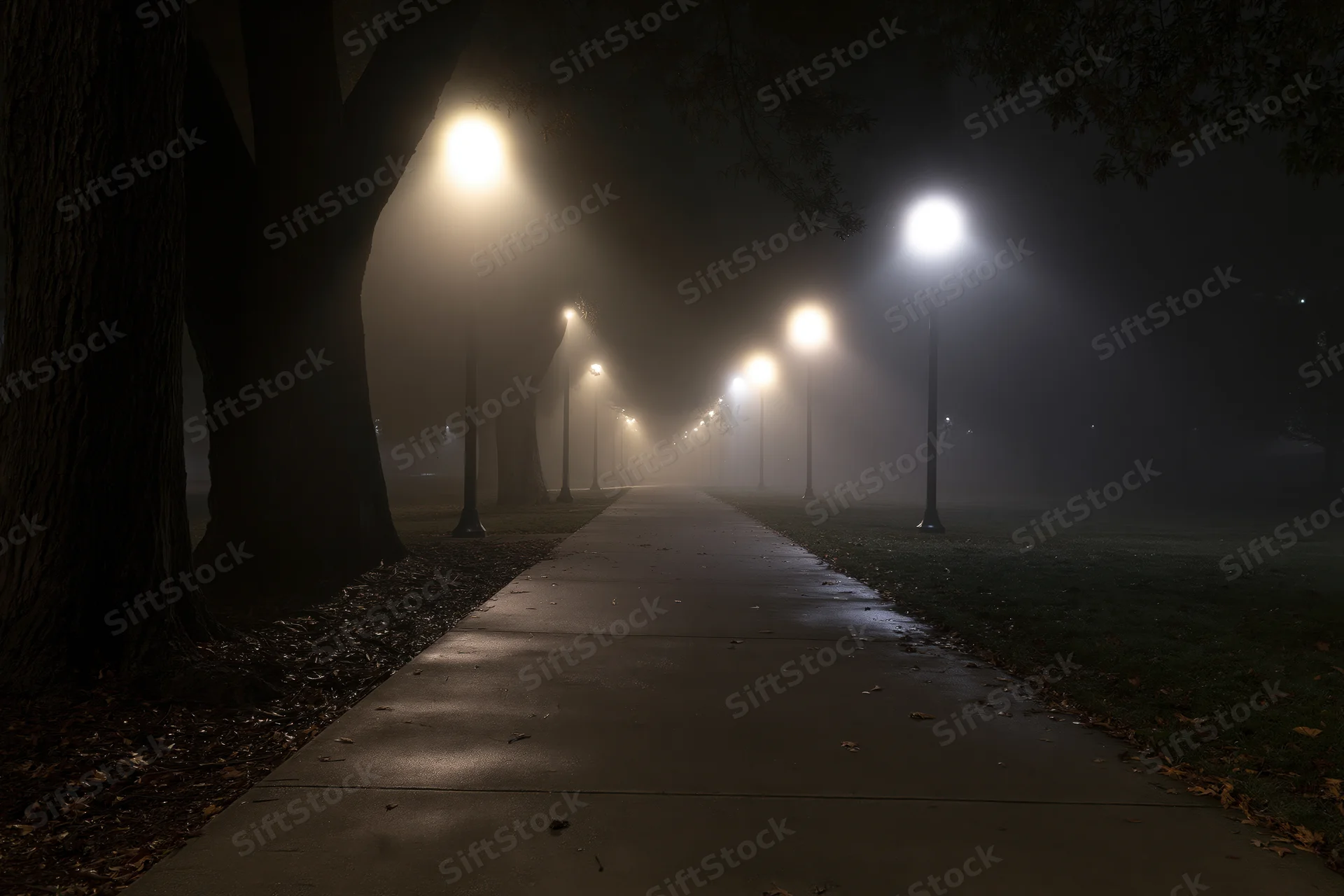 Foggy park path at night illuminated by streetlights with trees on either side