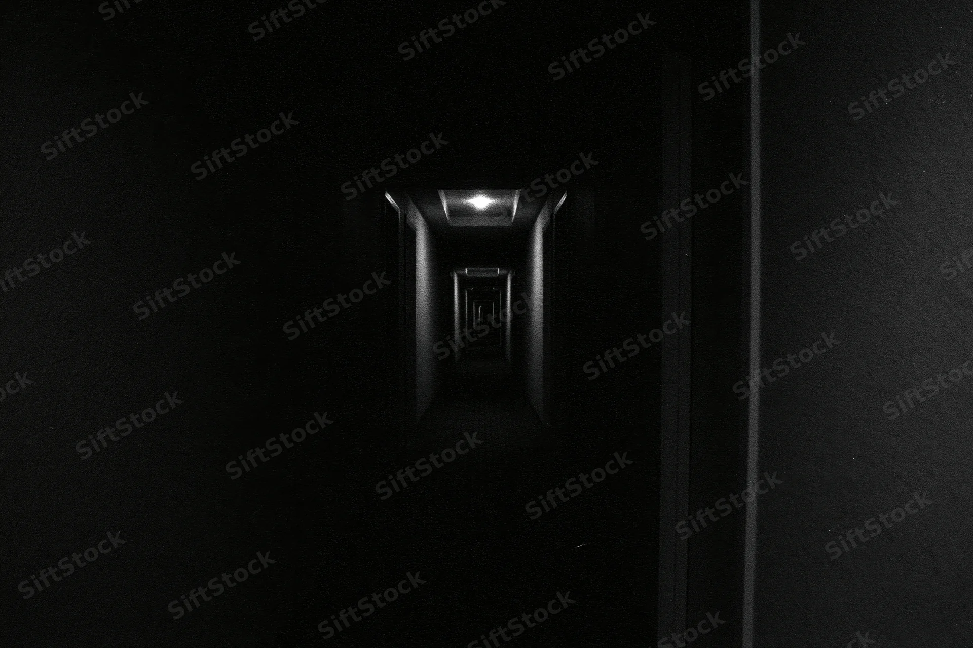 Dark hotel corridor receding into near-total darkness with a single ceiling light at the end