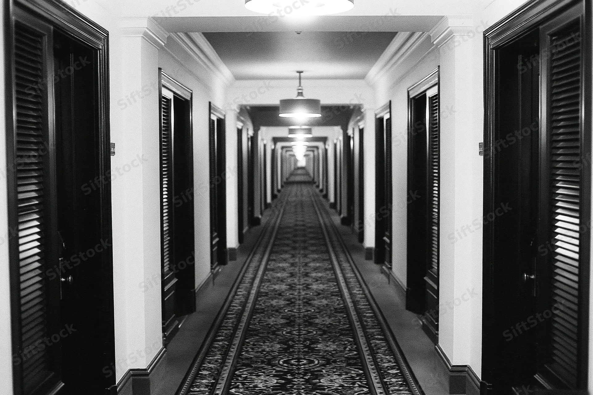 Symmetrical hotel corridor with patterned carpet and dark doors stretching into the distance