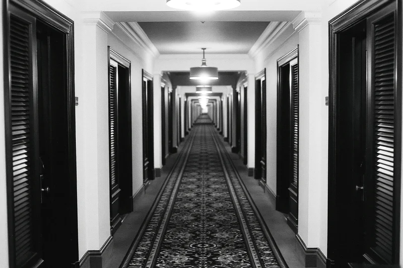 Symmetrical hotel corridor with patterned carpet and dark doors stretching into the distance