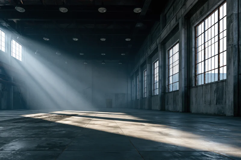 Empty industrial warehouse interior with sunlight streaming through tall windows onto concrete floor