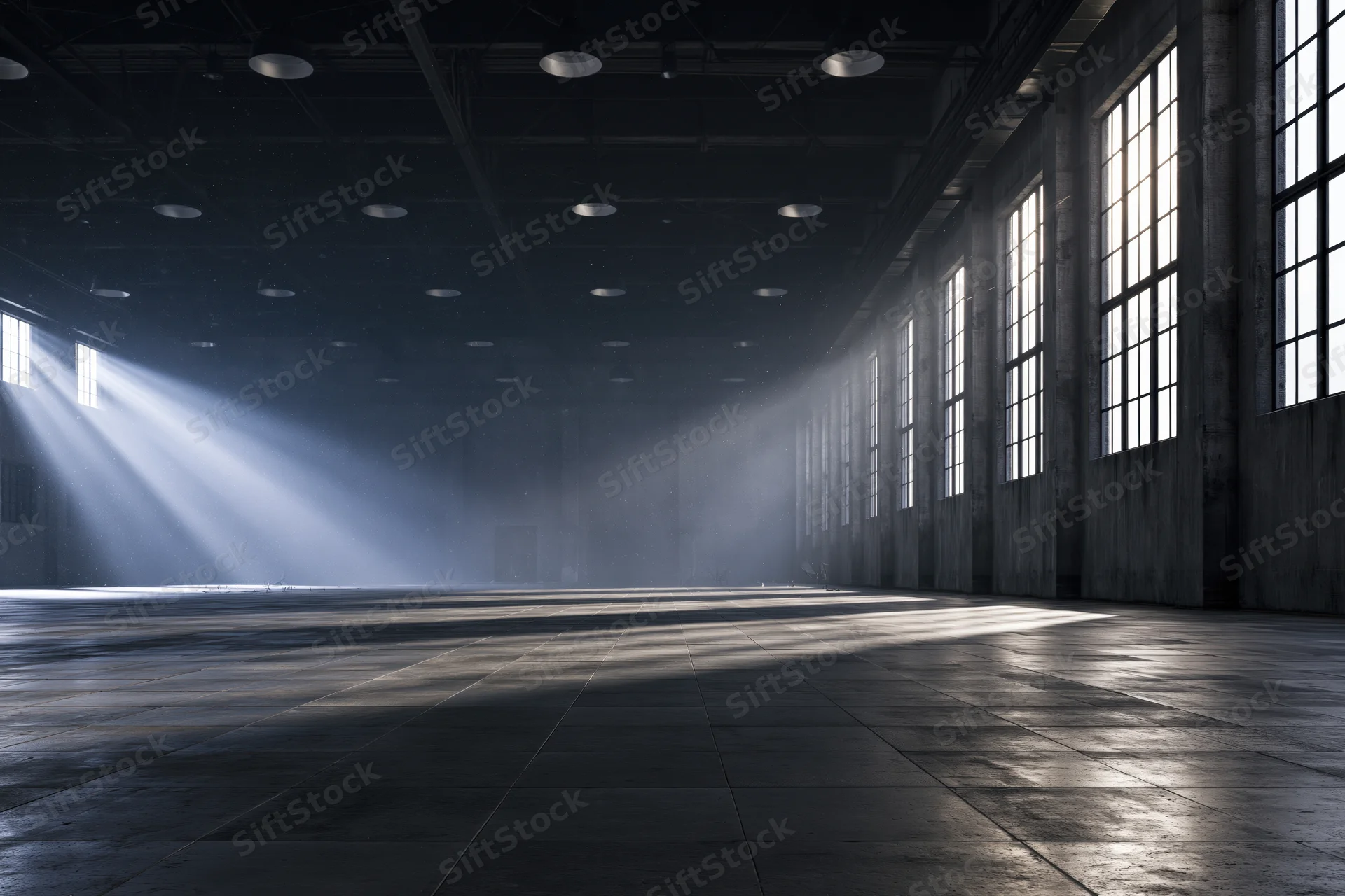 Empty industrial warehouse interior with light rays through tall windows on concrete floor