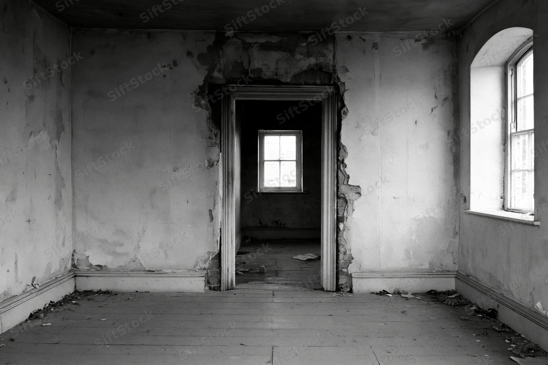 Empty room in derelict house with peeling plaster walls and broken doorway leading to another room with window