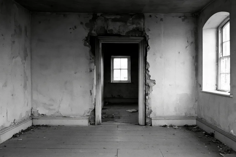 Empty room in derelict house with peeling plaster walls and broken doorway leading to another room with window