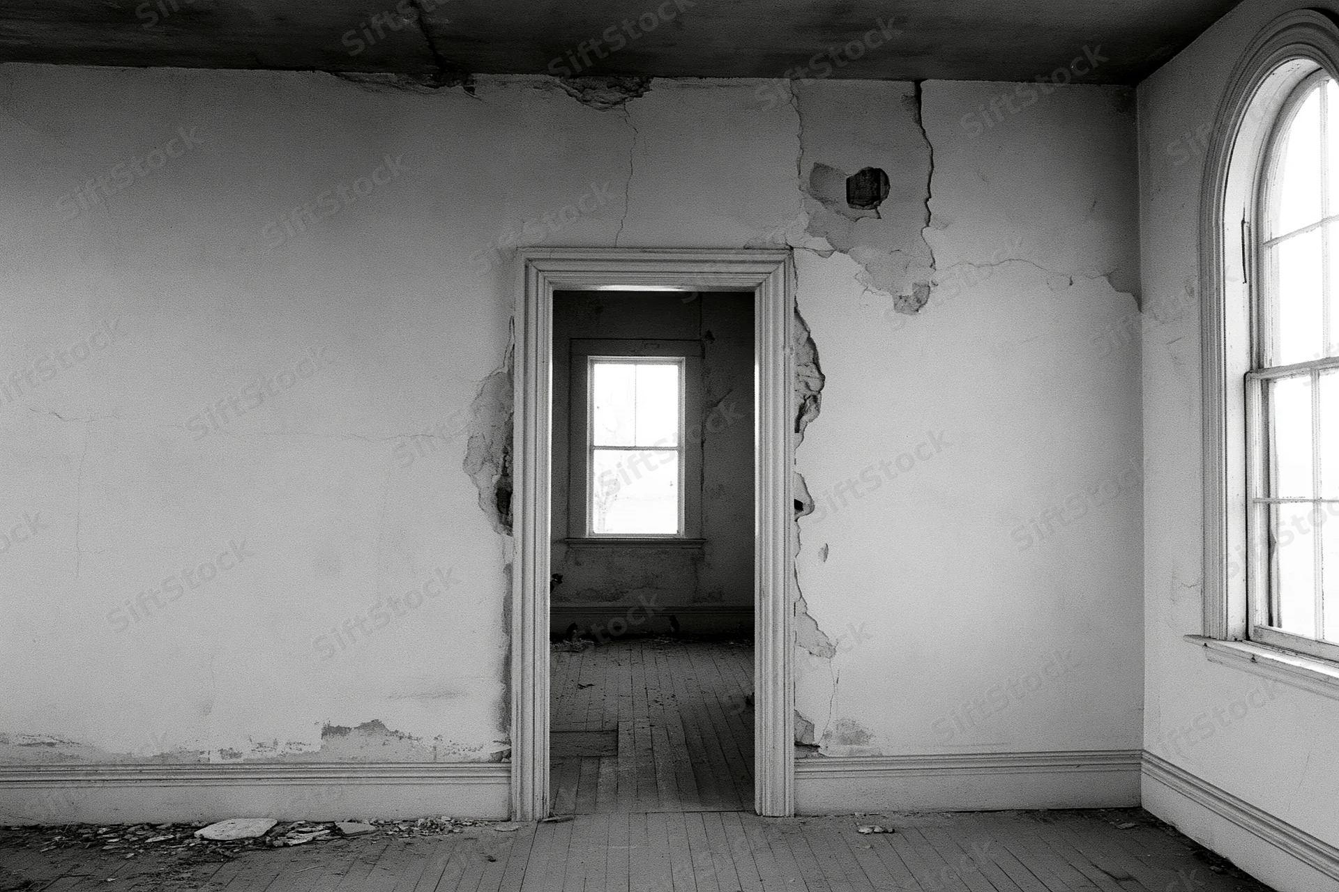 Empty room in derelict house with peeling plaster walls and arched window