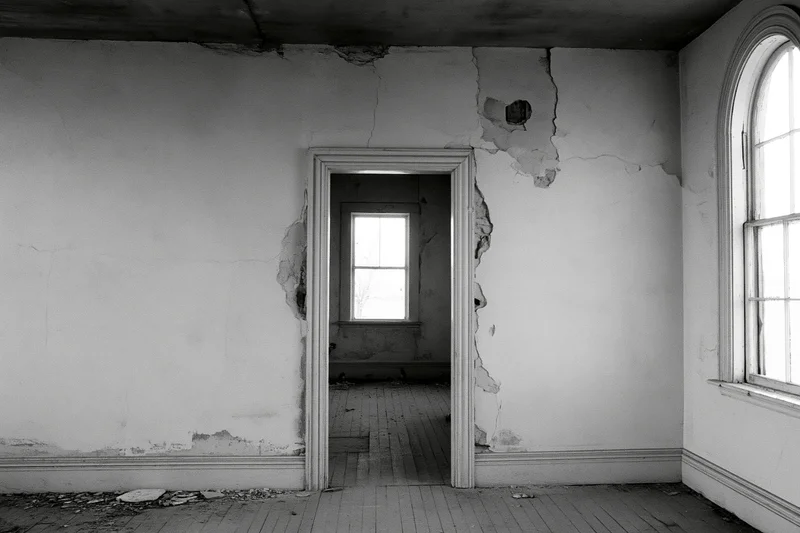 Empty room in derelict house with peeling plaster walls and arched window