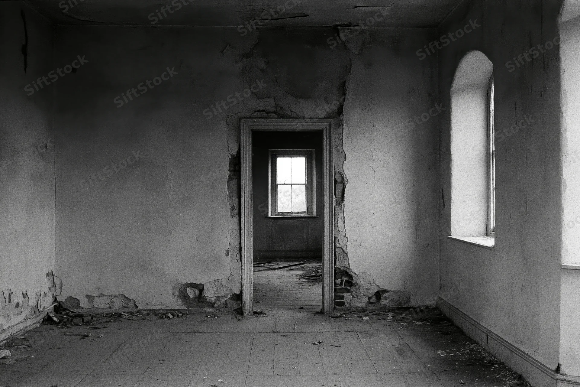 Empty derelict room with crumbling plaster walls and doorway leading to another room with window