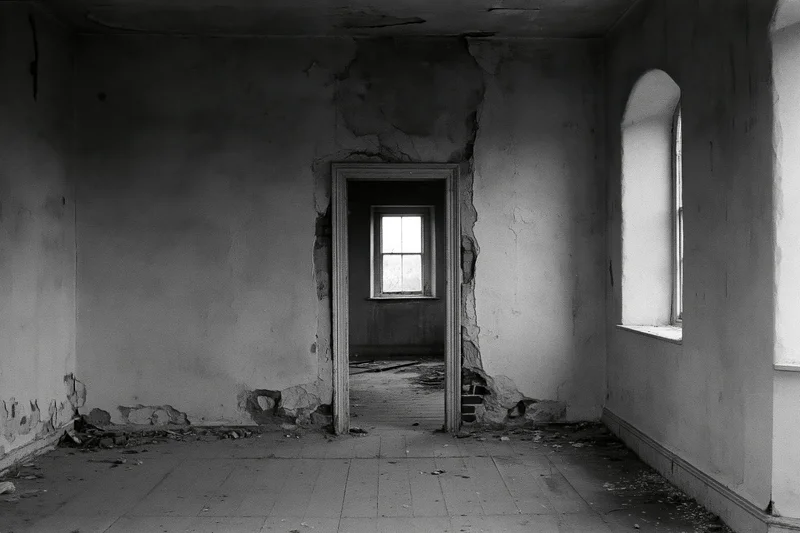Empty derelict room with crumbling plaster walls and doorway leading to another room with window