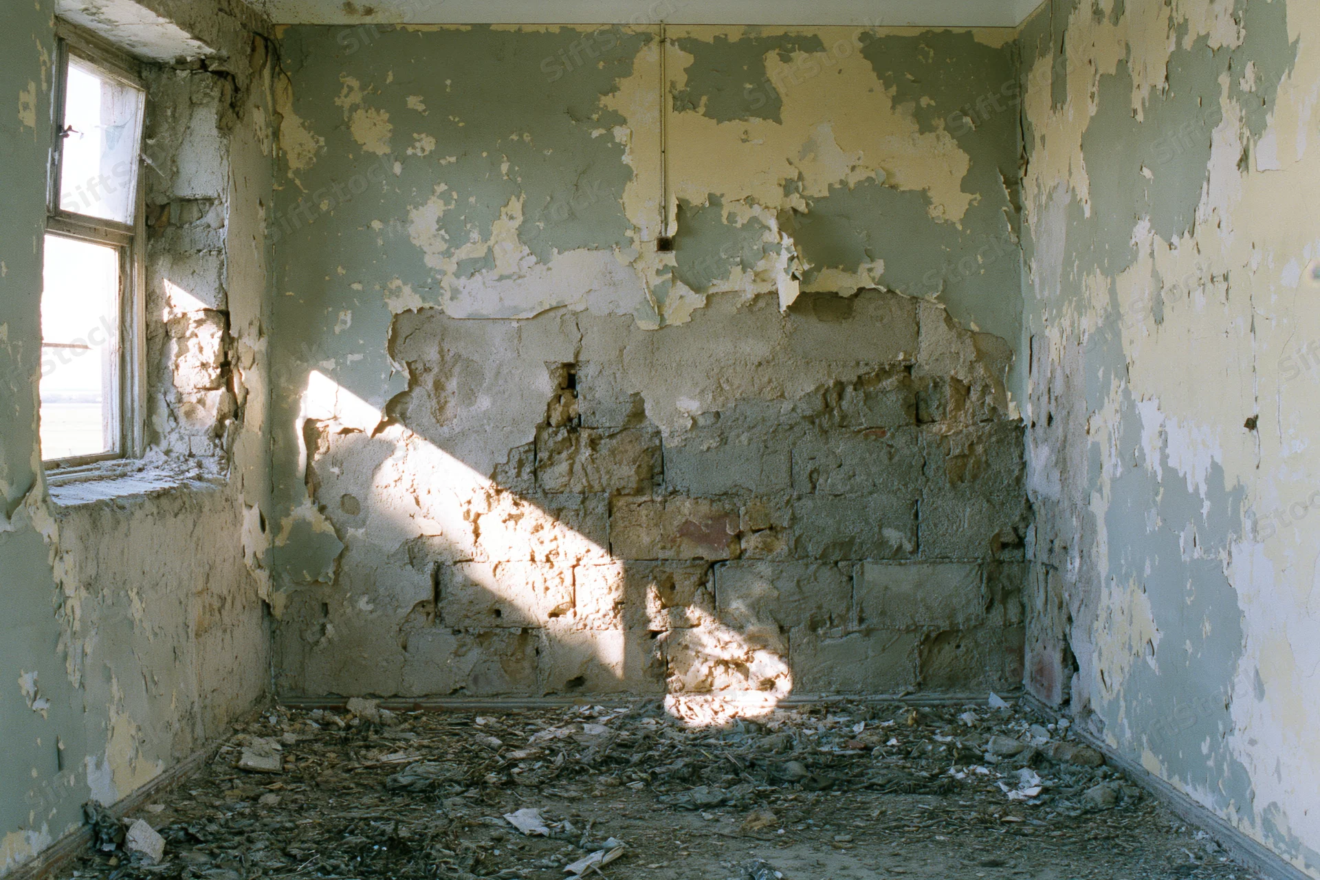 Empty interior of a deteriorated abandoned building with peeling paint and exposed brick walls