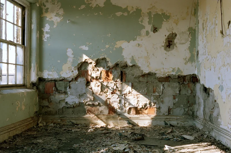 Empty room with crumbling walls and peeling paint in an abandoned building