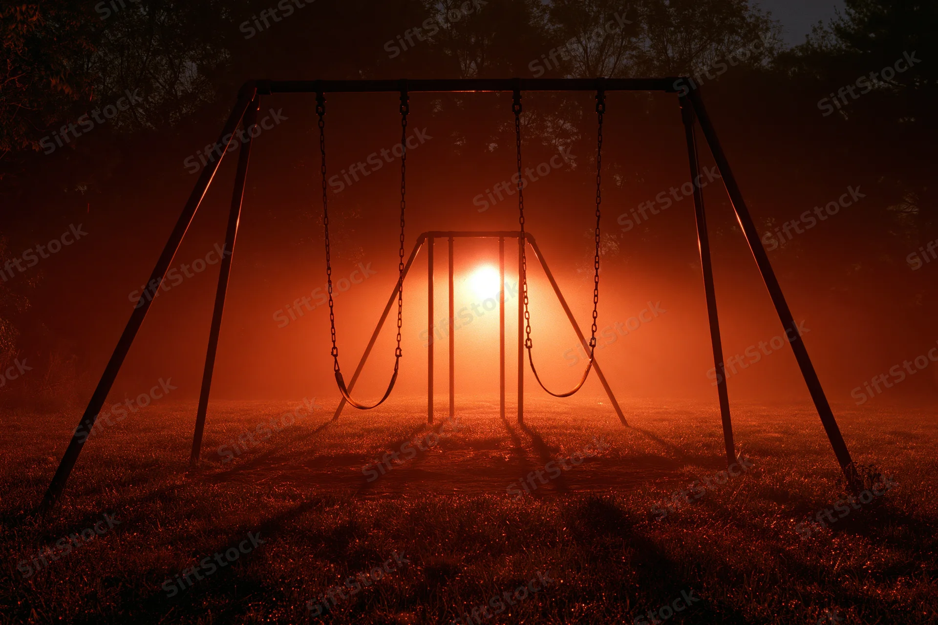 Empty metal swing set silhouetted against a glowing red light in a foggy abandoned playground at night